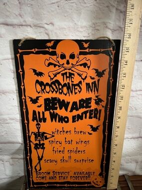 Halloween Crossbones Inn Beware Wall Sign - Orange & Black